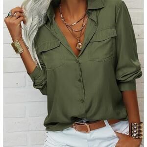 Womens Solid Lapel Long Sleeves Button Down Shirt